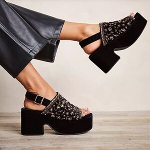 FREE PEOPLE NICOLA BLACK VELVET EMBELLISHED BLOCK HEEL SHOES